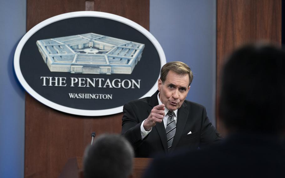Chief Pentagon spokesman John Kirby speaks Tuesday, May 17, 2022, during a news briefing at the Pentagon.