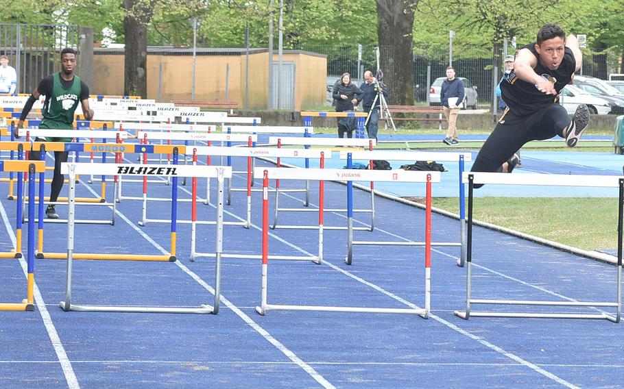 Vicenza's Zach Denton won the 110 hurdles Saturday, April 23, 2022, in a DODEA-Europe track meet in Pordenone, Italy. Denton's time of 14.91 seconds was more than 3 seconds better than his closest competitor.