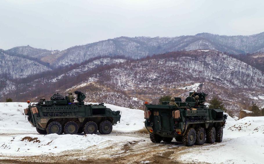 U.S. Army Strykers take part in live-fire training at Nightmare Range in Pocheon, South Korea, on Jan. 4, 2024.