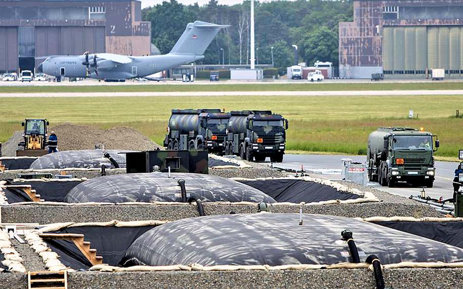 A field tank farm with eight tank bladders and more than a mile of pipelines was built for exercise Air Defender 23 at Wunstorf Air Base in northwestern Germany, where U.S. Air National Guard C-130s landed in advance of the NATO exercise, which starts June 12, 2023.