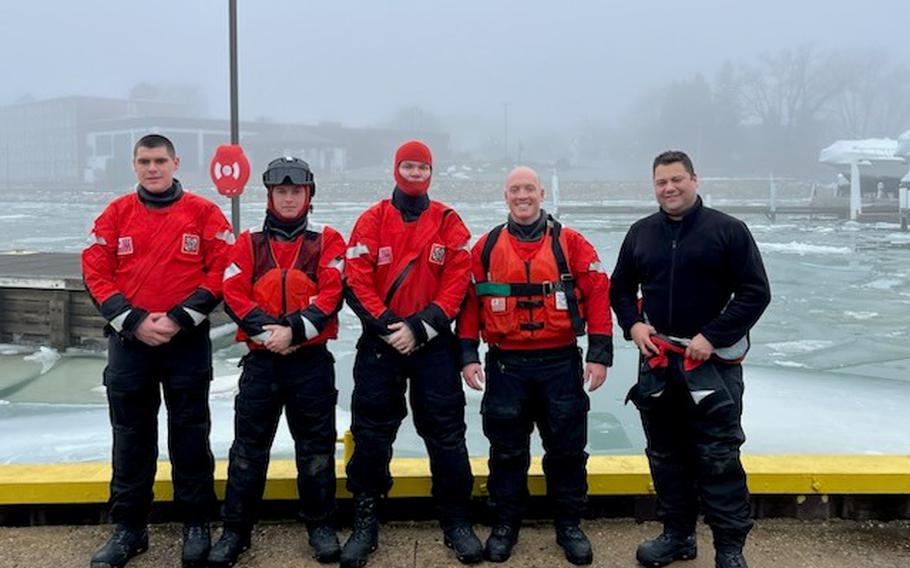 Members of Coast Guard Station Kenosha rescued a dog from the icy waters near the Great Lakes Yacht Club in Kenosha Harbor, Wis., on Jan. 25, 2024.