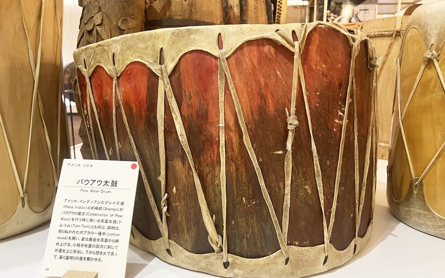 A Native American powwow drum from the United States is one of the many items on display at the Miyamoto-Unosuke Drum Museum in Tokyo.