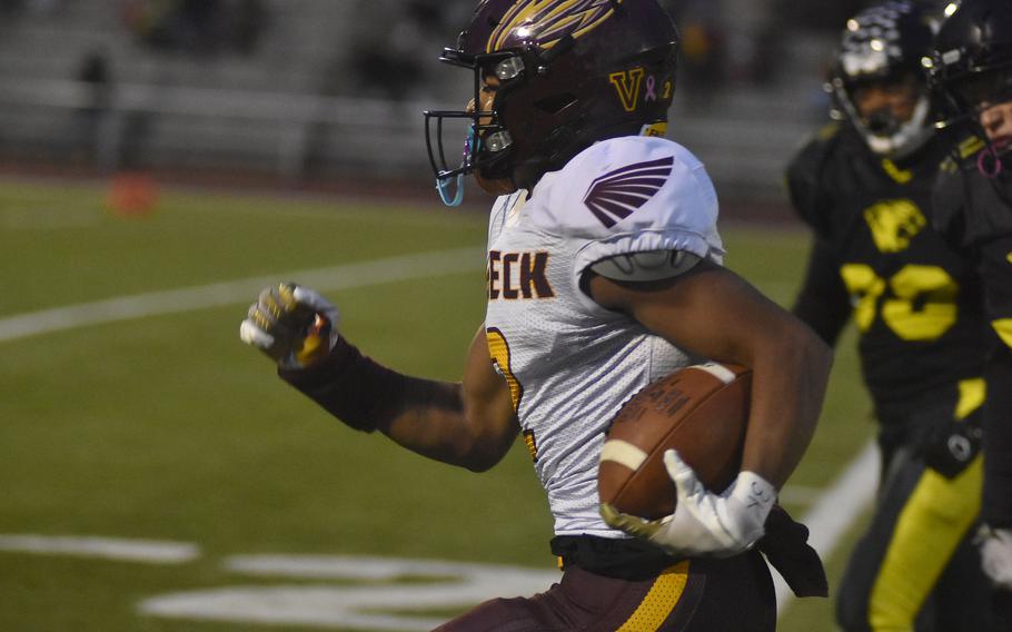 Aveion Ruffin was a threat to score every time he touched the ball for Vilseck, though the Stuttgart Panthers did their best to keep the Falcons offense off the field in winning the DODEA-Europe Division I title game at Kaiserslautern, Germany, on Oct. 30, 2021.