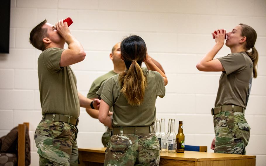 Soldiers assigned to III Armored Corps act out a scene in which they engage in drinking activities during a demonstration at the People First Center at Fort Hood, Texas, on April. 12, 2022. The People First Center is a combined training facility for units, which focuses on sexual harassment/assault response and prevention, suicide prevention, domestic violence prevention and substance abuse prevention, among other issues. 