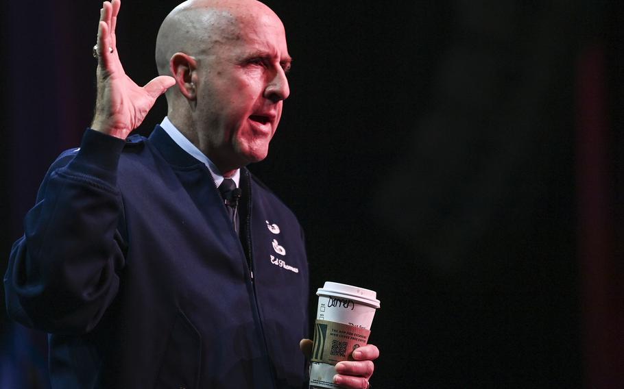 U.S. Air Force Maj. Gen. Ed Thomas, the Air Force Recruiting Service’s commander, briefs the 360th Recruiting Group in Atlantic City, N.J., in October 2021. According to Thomas, the Air Force is facing its biggest recruiting challenge in decades.