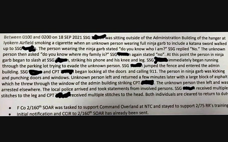 A screenshot of what appears to be a military incident report shared on Reddit describes an attack on a group of soldiers Sept. 18, 2021, in California by a sword-wielding man dressed as a ninja.  