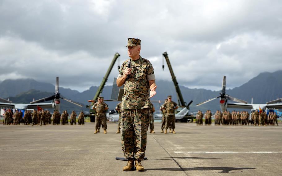 U.S. Marine Corps Commandant Gen. David Berger speaks at a change of command ceremony in Hawaii on Sept. 7, 2022. Berger said this week that he sees a future in which smaller Marine units use unmanned platforms to aid reconnaissance and logistics.