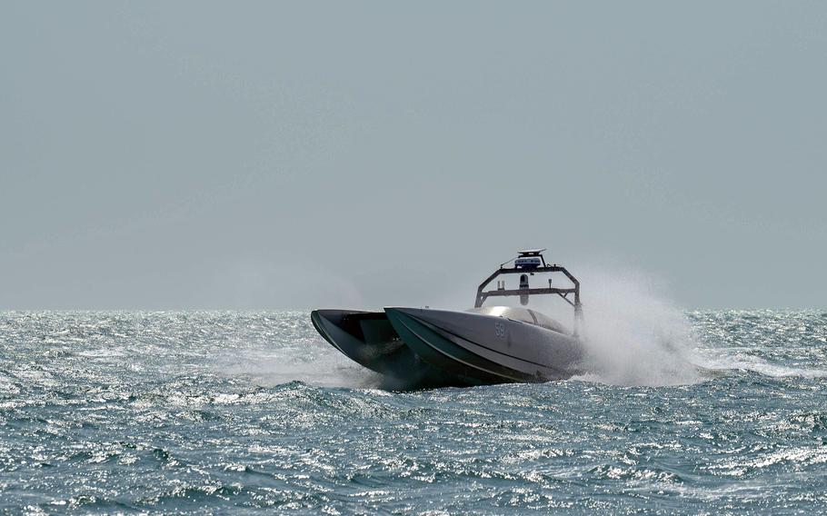 A MARTAC T-38 Devil Ray drone boat attached to U.S. 5th Fleet’s Task Force 59 sails in the Persian Gulf in October 2023. Task Group 59.1 has been stood up in Bahrain to focus on deploying the boats in missions in the Middle East.