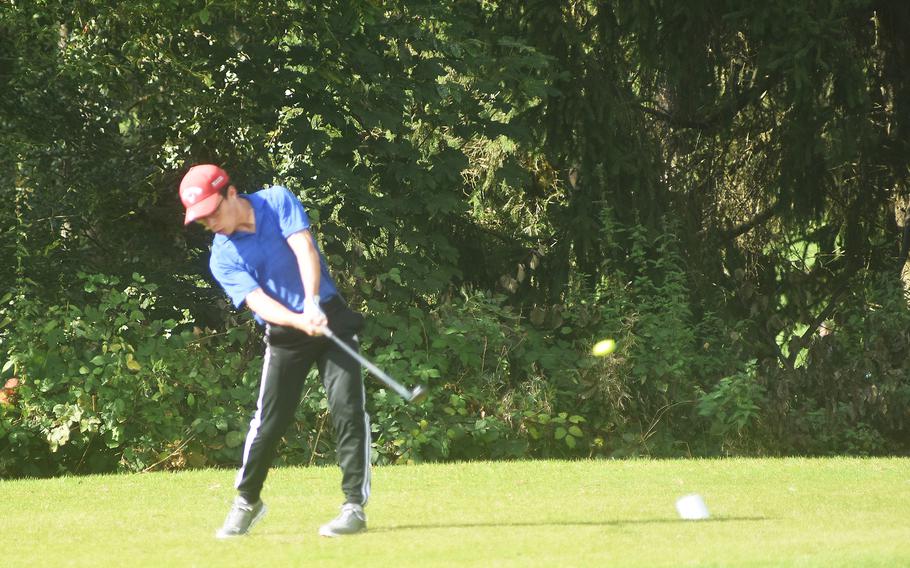 Sigonella’s Evan Cantwell hits a ball during the DODEA-Europe golf championships held at Wiesbaden’s Rheinblick Golf Course on Thursday, Oct. 7, 2021.