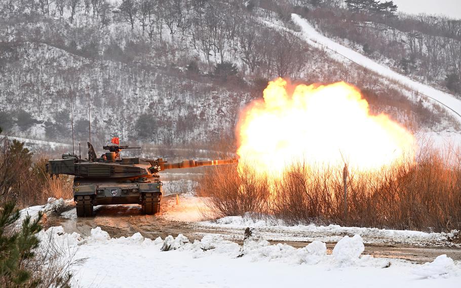 A South Korean K1A2 tank fires during a joint live fire exercise between South Korea and the U.S. at a military training field in Pocheon on Jan. 4, 2024. 