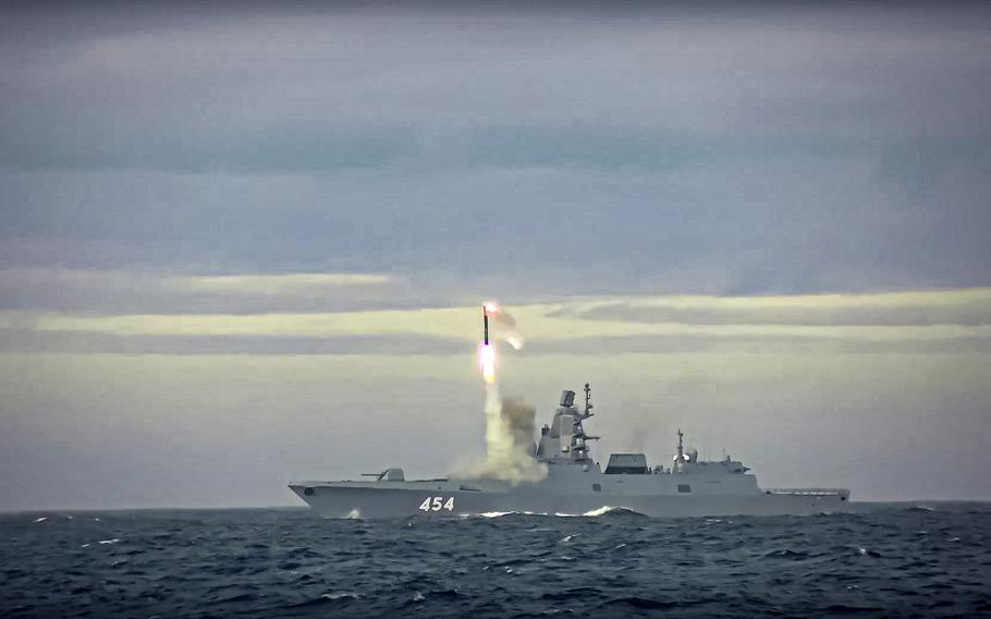 In this image taken from video released by Russian Defense Ministry Press Service on Saturday, May 28, 2022, a new Zircon hypersonic cruise missile is launched by the frigate Admiral Gorshkov of the Russian navy from the Barents Sea. Russia’s Defense Ministry said the Russian navy successfully launched a new hypersonic missile from the Barents Sea. The ministry said the recently developed Zircon hypersonic cruise missile had struck its target about 1,000 kilometers away. 