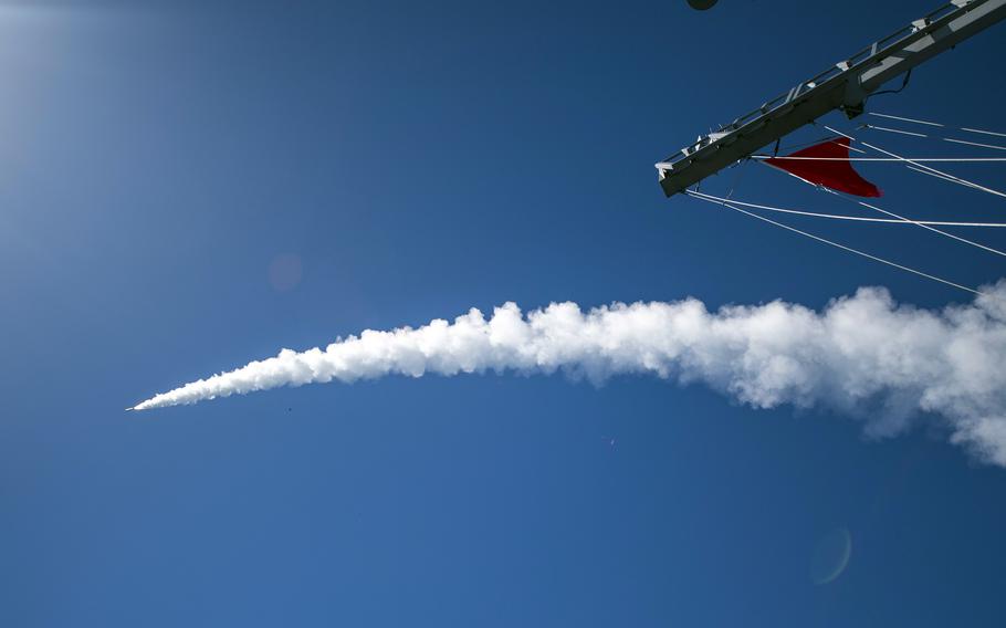 A tomahawk missile is launched from the guided-missile destroyer USS Curtis Wilbur, May 27, 2019. 