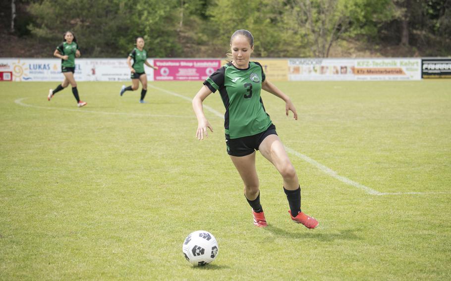 Sonja Gottlieb, a sophomore with the Naples Wildcats, runs with the ball during the semifinals of the 2025 girls soccer Division II DODEA European championships at Reichenbach-Steegen, Germany on May 21, 2025.