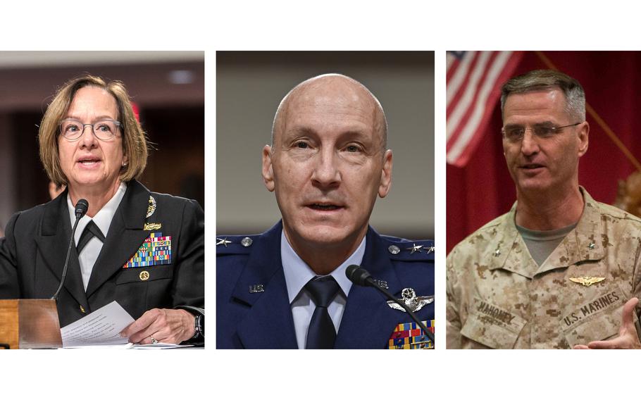 From left, Adm. Lisa Franchetti, Air Force Gen. David Allvin and Marine Corps. Lt. Gen. Christopher Mahoney. Franchetti is nominated to be the chief of naval operations, Allvin is nominated to be the Air Force chief of staff and Mahoney is nominated to be the assistant commandant of the Marine Corps.