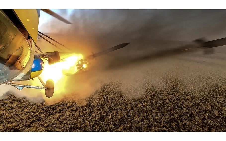 Rockets launch from a Ukrainian Mi-8 helicopter in the Donetsk region on Sept. 19, 2023. 