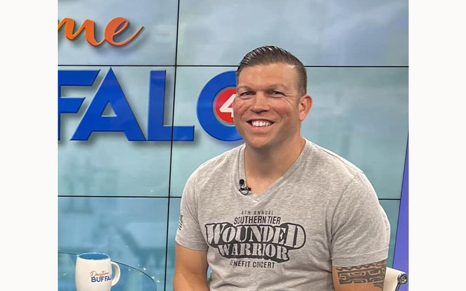 Army Lt. Col Patrick Miller, a survivor of the 2014 Fort Hood mass shooting, attends an interview with a Buffalo news station on Wednesday, July 17, 2024.