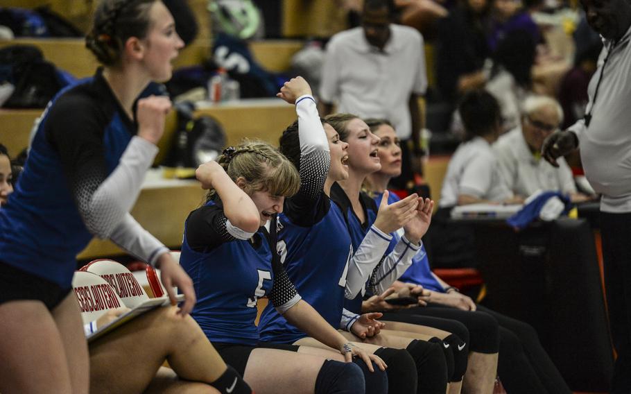 Brussels Brigands players rally their support from the bench, cheering on their teammates during their match against the Sigonella Jaguars at the DODEA Division III European volleyball semifinals on Oct. 27, 2023, in Kaiserslautern, Germany.