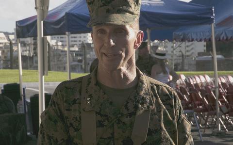 Marine Maj. Gen. Stephen Liszewski speaks to reporters after assuming command of Marine Corps Installations Pacific during a ceremony at Camp Foster, Okinawa, Japan, on June 24, 2022.