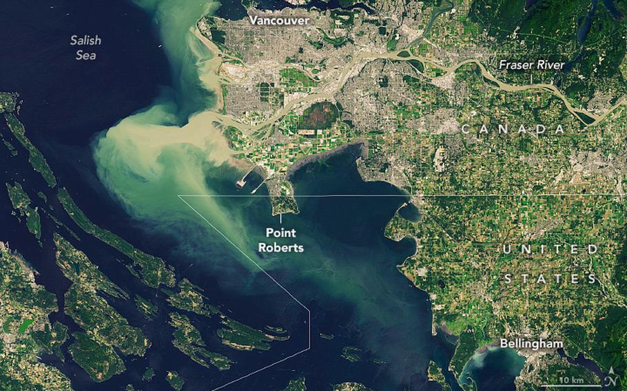 A satellite image of land and sea, with labels for Canada, the United States and other major landmarks.