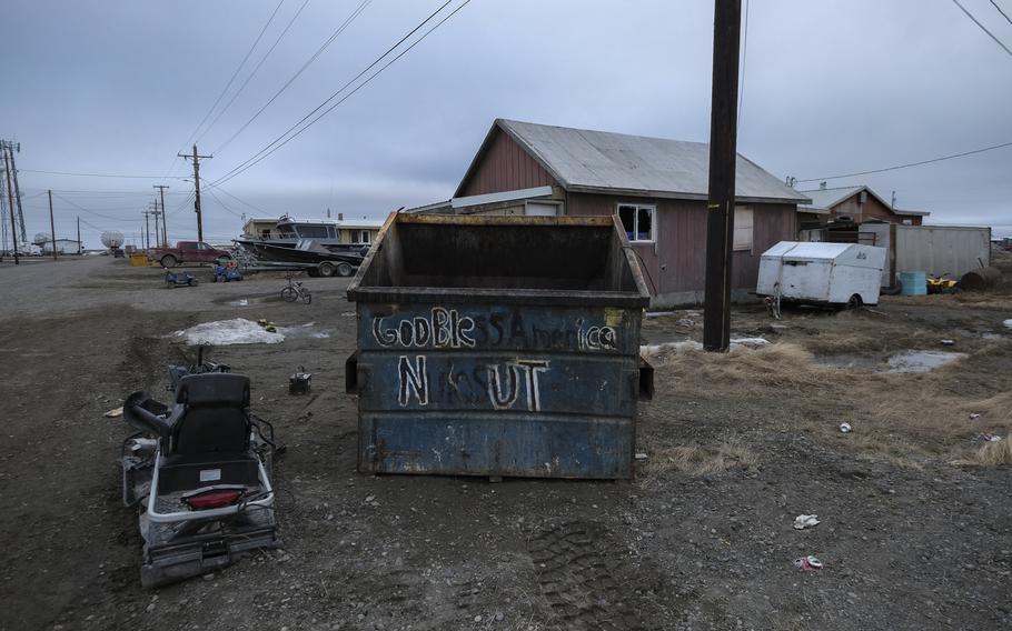 A dumpster is used for messaging in Nuiqsut, Alaska, on May 30, 2019. 