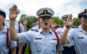 US. Coast Guard Academy (USCGA) cadet cadre swear to uphold a high quality of leadership as part of Day One at USCGA, New London, Connecticut, June 30, 2025. This ceremony marks their official entrance into the seven-week training program which will prepare them for becoming cadets. (U.S. Coast Guard photo by Petty Officer Third Class Leo Avila.)