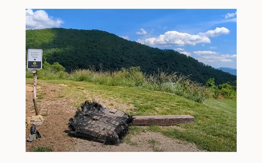 A video screen grab shows a piece of debris that was found on a trail in North Carolina in May 2024. 
