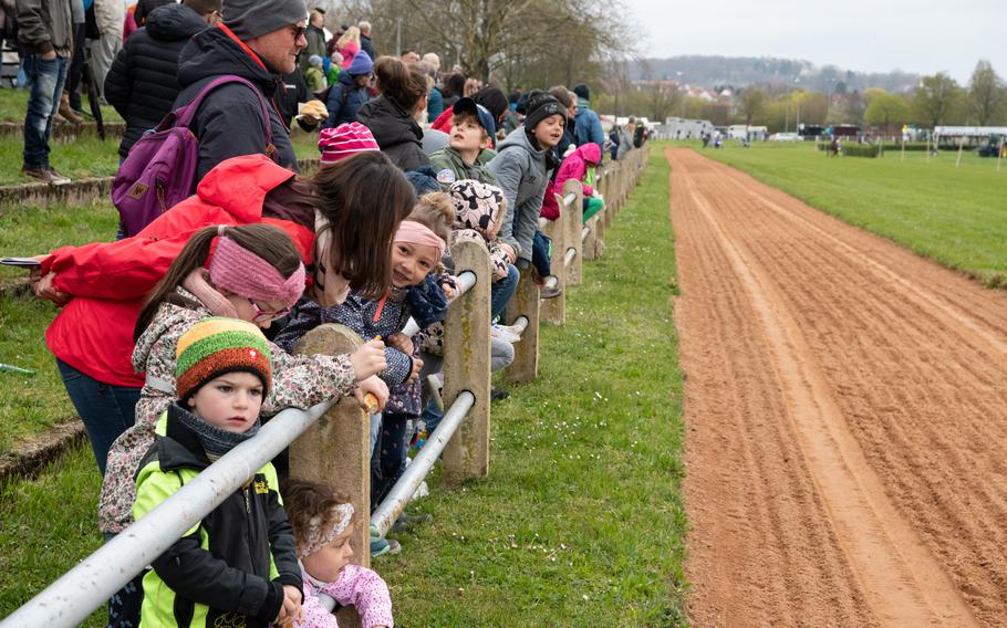 Children are among the spectators at the first race day of 2023 in Zweibruecken, Germany, April 16, 2023.