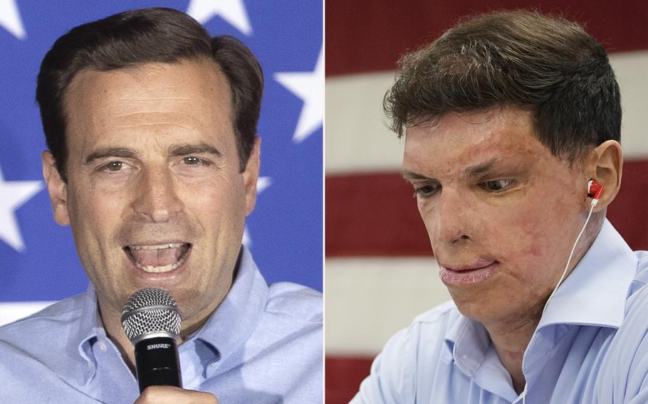 Republican Nevada Senate candidates former state Attorney General Adam Laxalt, left, and retired Army Capt. Sam Brown.