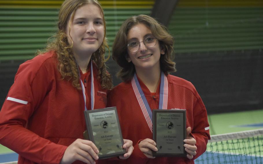 Kasierslautern’s Abigail Hover, left, and Alisa Dietzel won their first doubles title at the DODEA European tennis championships on Saturday, Oct. 22, 2022, in Wiesbaden, Germany. Hover and Dietzel defeated Stuttgart’s Devin and Kiera French, 6-1, 6-3.