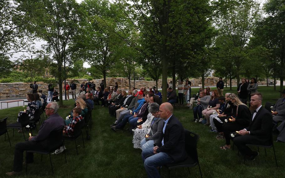 The National Veterans Memorial and Museum Gold Star Family Vigil was held at the museum on Friday, May 28, 2021. Gold Star families listen to speakers at the Memorial Grove during the ceremony.