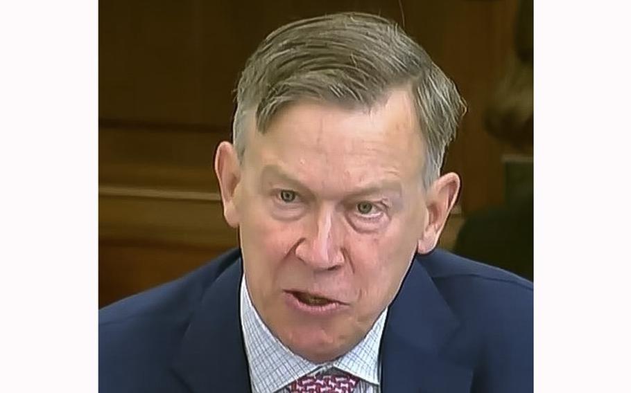 A video screen grab shows Sen. John Hickenlooper, D-Colo., speaking during a May 16, 2023, hearing at the U.S. Capitol in Washington. 