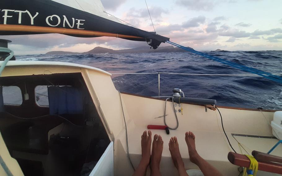 Tyler Savage and Bella Siegrist get their first sight of Hawaii as they near the end of a three-week trip from San Diego.