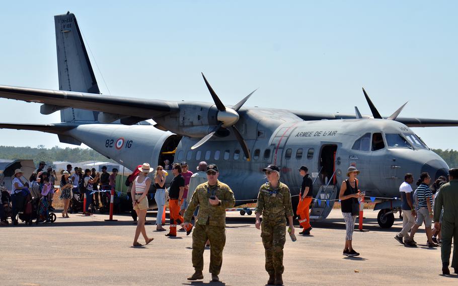 A French CASA CN-235 twin-engine transport plane is on display at Royal Australian Air Force Base Darwin in Australia, Saturday, Aug. 27, 2022.