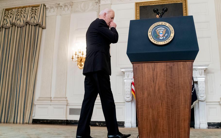 President Joe Biden arrives to speak in the State Dining Room at the White House, Thursday, Sept. 9, 2021, in Washington.