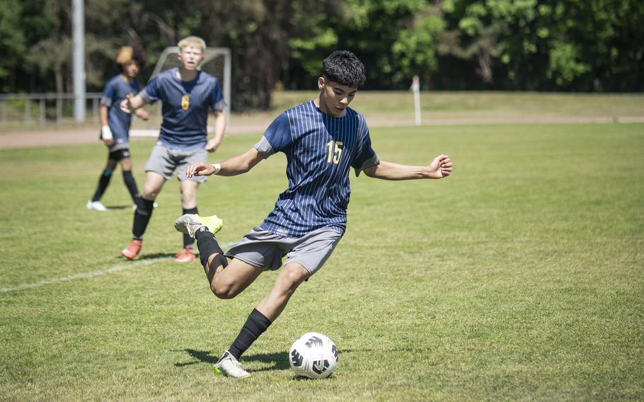 Chris Roman, a sophomore with the Ansbach Cougars, takes control of the ball in a matchup against the Hohenfels Tigers that resulted in a 6-0 win over the Tigers at the 2025 DODEA European Division III soccer championships in Landstuhl, Germany on May 19, 2025. 