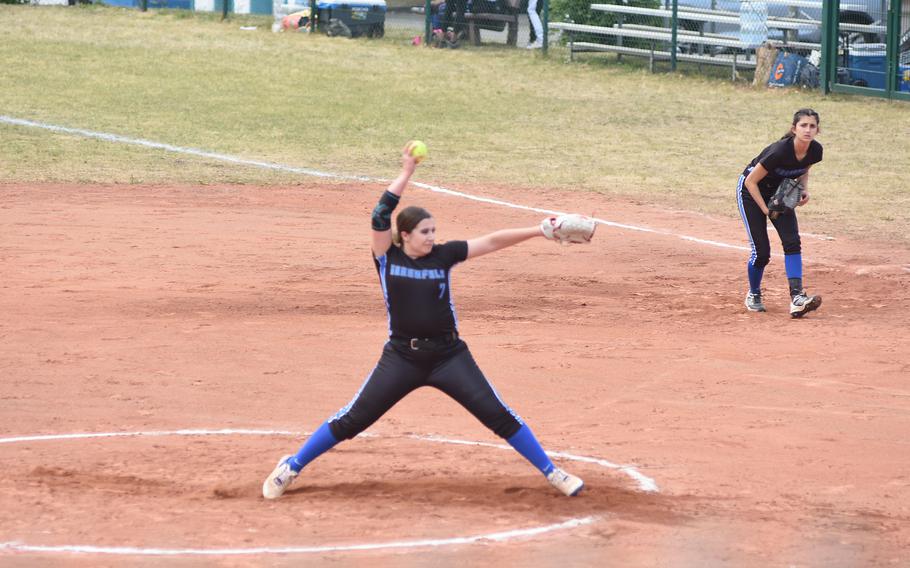Hohenfels pitcher Tyleigh Shamoon winds in her delivery to the plate Wednesday, May 21, 2025, on the opening day of the DODEA-Europe Division II/III softball championships at Ramstein Air Base, Germany.