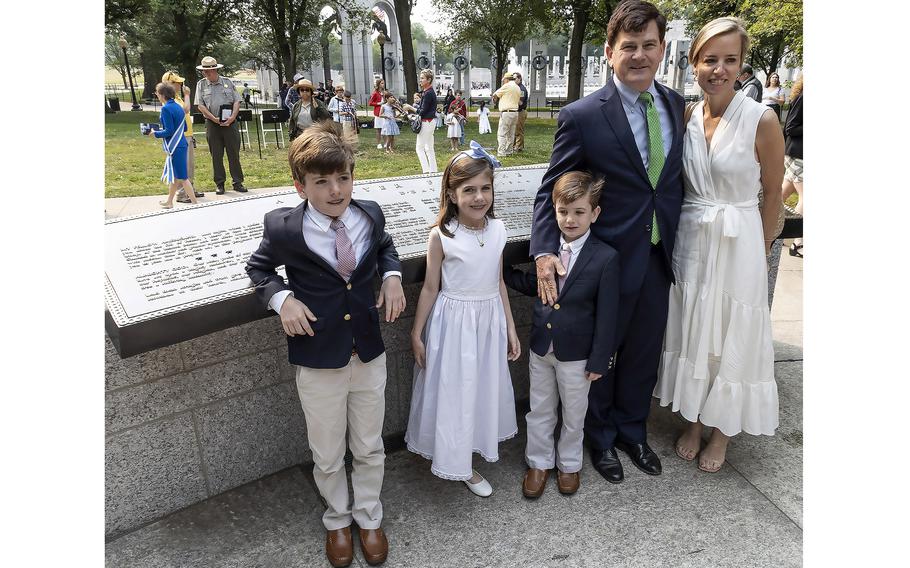 sample remembrance day speech Elliott Roosevelt III, his wife Emily, and children Thatcher, Charlotte and Jameson stand in front of the FDR prayer plaque at the National World War II Memorial in Washington, D.C., on the 79th anniversary of the start of the D-Day invasion, Tuesday, June 6, 2023.