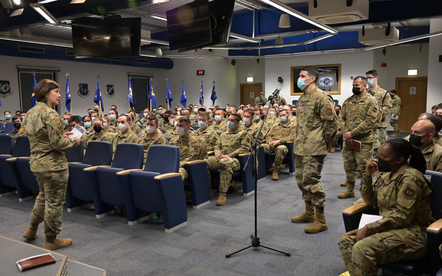 Chief Master Sgt. of the Air Force JoAnne S. Bass speaks with Kisling Noncommissioned Officer Academy and Airman Leadership School students during her visit to Kapaun Air Station, Germany, on Nov. 30, 2021. It was her first official visit to Germany since assuming her post in August 2020.