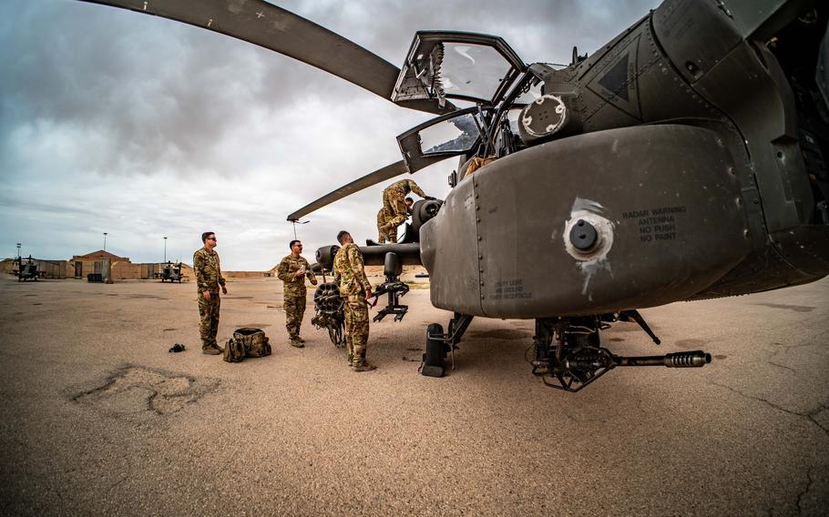 Paratroopers assigned to the 1st Attack Battalion, 82nd Combat Aviation Brigade, 82nd Airborne Division conduct Quick Response Force run-ups on April 10, 2024. 