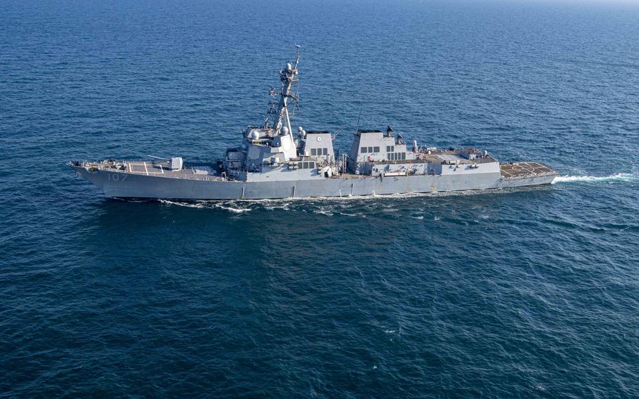 The destroyer USS Gravely sails in the Persian Gulf in early December 2023. The ship shot down two missiles fired from Houthi-controlled areas of Yemen on Dec. 31, 2023.