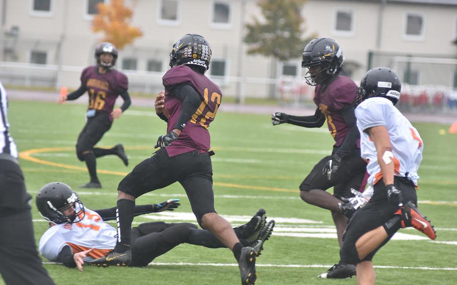 Baumholder's Anthony Willis was a terror for Baumholder, running around, through and over Spangdahlem defenders en route to being named offensive MVP in the DODEA-Europe Division III tile game at Kaiserslautern, Germany on Saturday, Oct. 30, 2021.