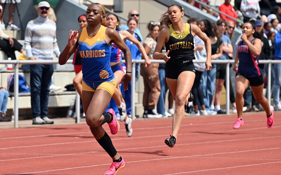 Wiesbaden’s Makiah Parker won the girls 200-meter race at the DODEA-Europe track and field championships in Kaiserslautern, Germany, May 20, 2023, in 24.80 seconds. Parker also took the gold in the 100-meter and 400-meter races.