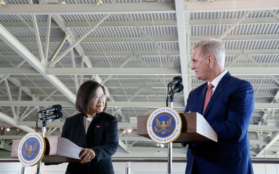 U.S. House Speaker Kevin McCarthy (R, Calif.) right, speaks during an event with Tsai Ing-wen, Taiwan’s president, at the Ronald Reagan Presidential Library in Simi Valley, Calif., on April 5, 2023. 