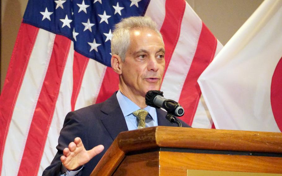 U.S. Ambassador to Japan Rahm Emanuel speaks at the New Sanno Hotel in Tokyo, June 11, 2024, about the benefits of repairing American warships in Japan.