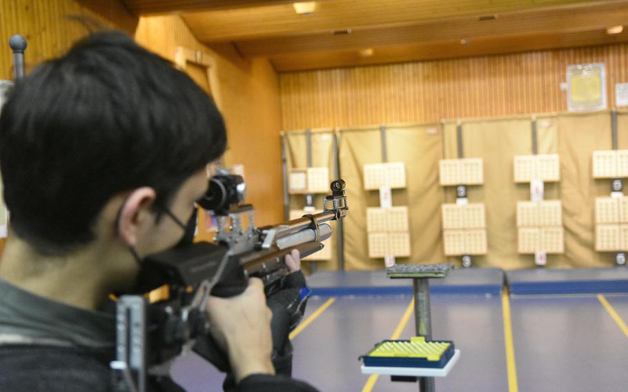 Wiesbaden's Ben Garcia takes aim at his targets during a marksmanship meet in Wiesbaden on Saturday, Jan. 29, 2022. 