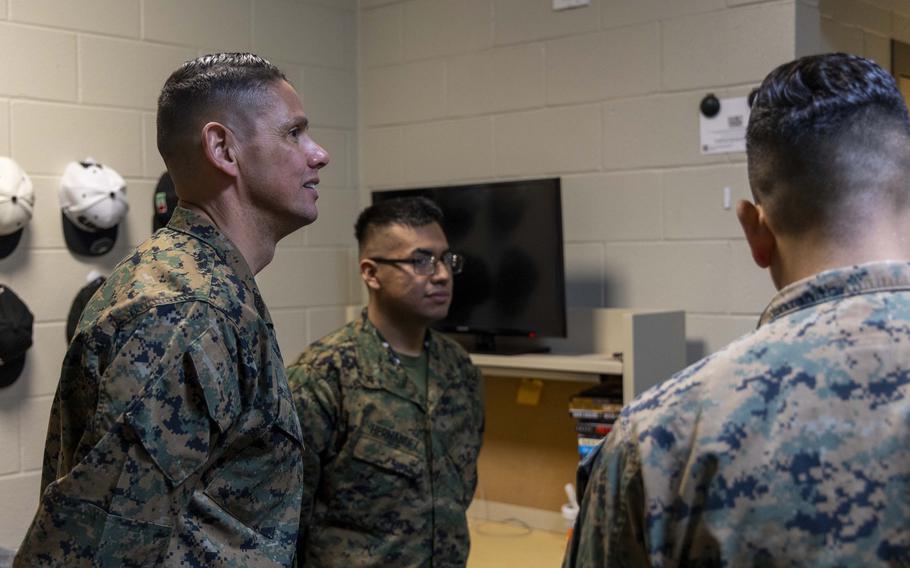 Sergeant Major of the Marine Corps Carlos A. Ruiz tours the barracks room of Lance Cpl. Steven Hernandez, a supply clerk with Marine Forces Special Operations Command, during a visit to MARSOC at Camp Lejeune, N.C., Feb. 21, 2024. 