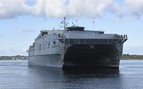 160916-N-CS971-164
NEWPORT, R.I.
(Sept. 16, 2016)
The expeditionary fast transport ship USNS Carson City (EPF 7) arrives at Naval Station Newport in preparation for the Chief of Naval Operations' 22nd International Seapower Symposium (ISS) at U.S. Naval War College in Newport, Rhode Island. More than 180 senior officers and civilians from more than 110 countries including many of the senior-most officers from those countries' navies and coast guards, are attending the biennial event Sept. 20-23. This year's theme is "Stronger Maritime Partners," and will feature guest speakers and panel discussions to explore the common security challenges of maritime nations. 
(U.S. Navy photo by Haley Nace/Released)