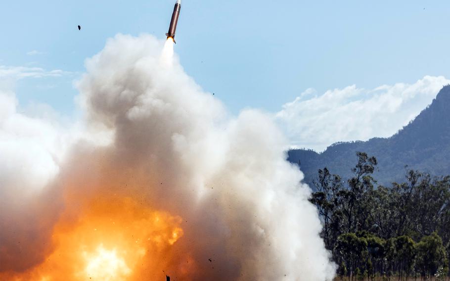 A U.S Army MIM-104 Patriot surface-to-air missile is fired from Australia for the first time ever, Friday, July 16, 2021. The missile was launched from Shoalwater Bay Training Area, Queensland, during the Talisman Sabre exercise.