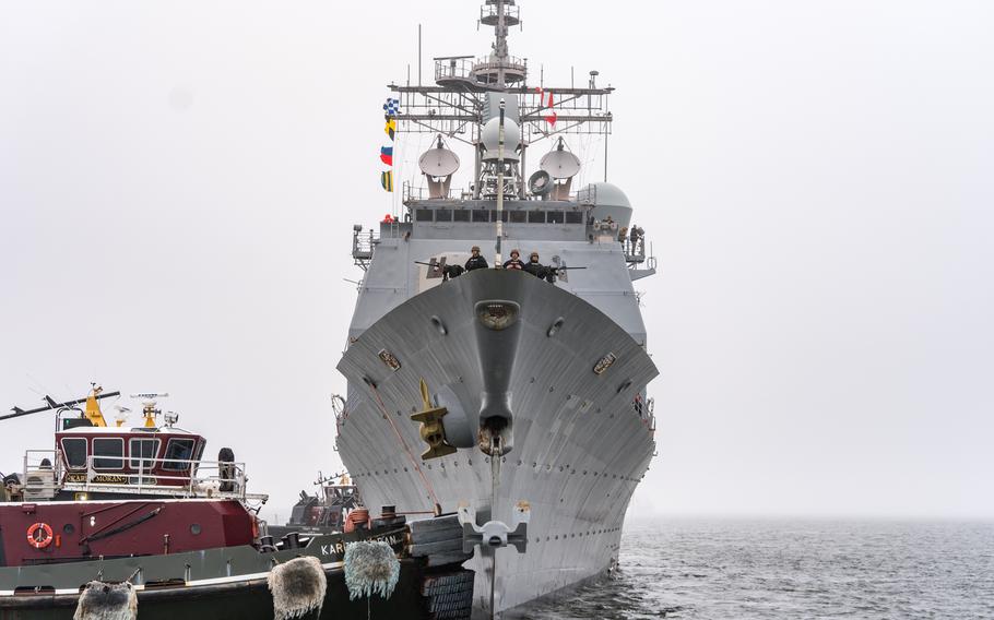 The guided-missile cruiser USS Leyte Gulf (CG 55) departs Naval Station Norfolk, Va., Jan. 28, 2024, for a scheduled deployment to the U.S. 4th Fleet area of operations. Leyte Gulf will operate with regional partners to strengthen maritime partnerships, enhance U.S. maritime posture and counter threats such as illicit drug trafficking.