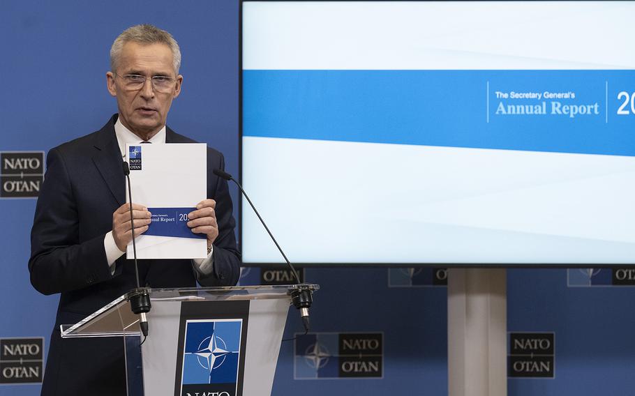 NATO Secretary-General Jens Stoltenberg speaks at a news conference in Brussels on March 21, 2023, coinciding with the release of the alliance's annual report.